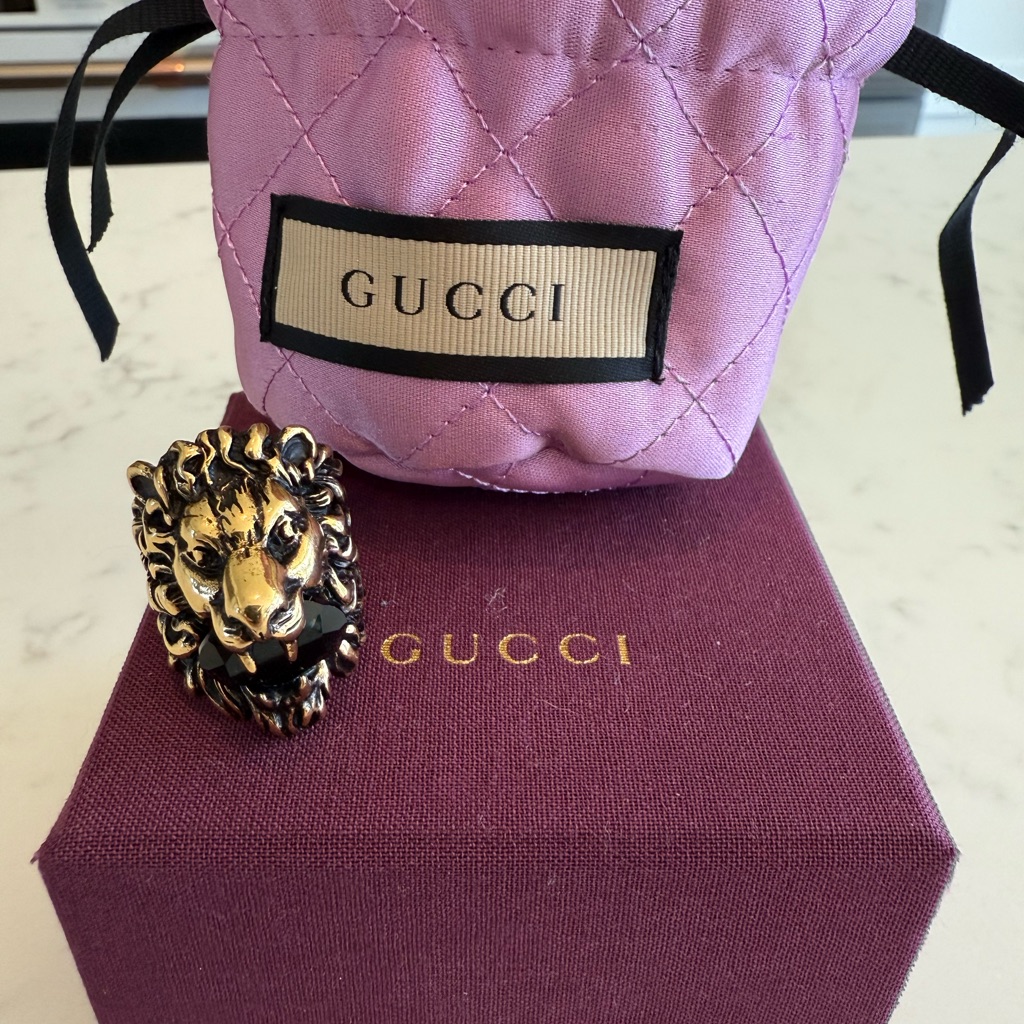 Gucci Gold Lion Ring W/ Black Stone